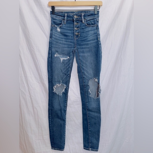 American Eagle Next Level Stretch Distressed Button Front hi Rise Jegging Jean - Picture 1 of 7